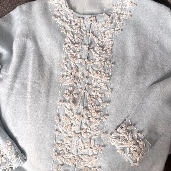 Little’s Creations Light Blue Cashmere Floral Beaded Sweater